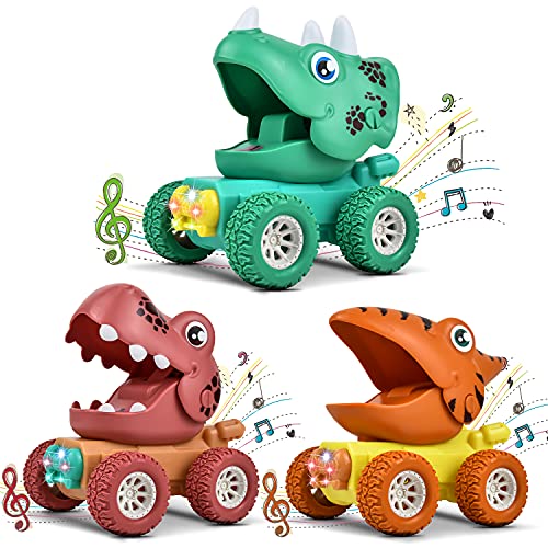 LIKEE Pull Back Cars with Light and Music, Friction Powered Vehicle Play Set Push and Go Car Toys Party Gifts Stocking Fillers for Toddlers Kids Boys Girls Age 3+ Years Old (Dinosaur) by LiKee