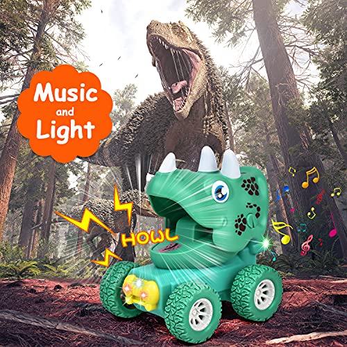 LIKEE Pull Back Cars with Light and Music, Friction Powered Vehicle Play Set Push and Go Car Toys Party Gifts Stocking Fillers for Toddlers Kids Boys Girls Age 3+ Years Old (Dinosaur) by LiKee