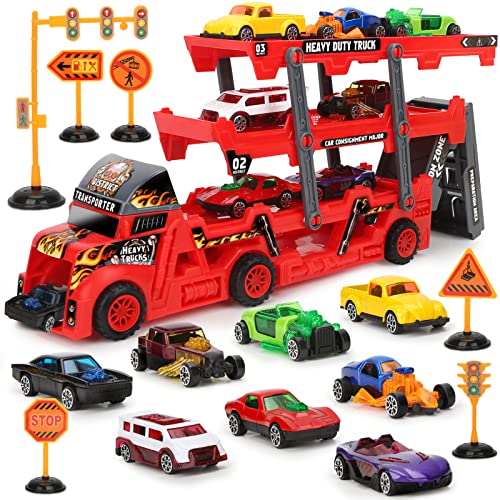 Aoskie Transport Carrier Truck Car Toy with Mini Cars and Road Signs, Hauler Launch Vehicles Play Set Gifts Games for Kids Ages 3-5 Years Old by Aoskie