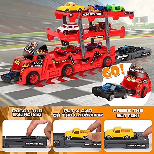 Aoskie Transport Carrier Truck Car Toy with Mini Cars and Road Signs, Hauler Launch Vehicles Play Set Gifts Games for Kids Ages 3-5 Years Old by Aoskie