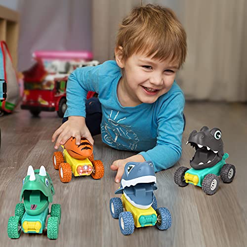 LIKEE Pull Back Cars with Light and Music, Friction Powered Vehicle Play Set Push and Go Car Toys Party Gifts Stocking Fillers for Toddlers Kids Boys Girls Age 3+ Years Old (Dinosaur) by LiKee