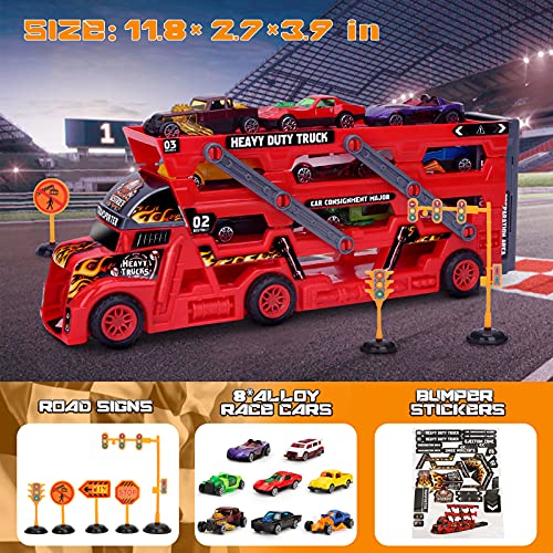 Aoskie Transport Carrier Truck Car Toy with Mini Cars and Road Signs, Hauler Launch Vehicles Play Set Gifts Games for Kids Ages 3-5 Years Old by Aoskie
