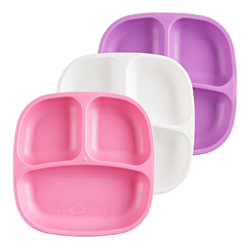 RE-PLAY Made in USA Toddler Feeding Divided Plates with Deep Sides and Three Compartments for Easy Self Feeding | BPA Free | Dishwasher Safe | Purple, White & Bright Pink | Berry (3pk) by Re-Think It Inc.