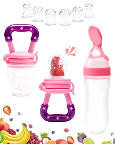 Gedebey Baby Fruit Feeder Pacifier - 3 Pack | 2 Silicone Baby Feeder Pacifiers & 1 Baby Food Spoon Dispenser | Frozen Fruit Teether | Forage Feeder | Food Pacifier for Babies | Baby Food Spoon (Pink) from Gedebey