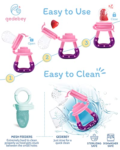 Gedebey Baby Fruit Feeder Pacifier - 3 Pack | 2 Silicone Baby Feeder Pacifiers & 1 Baby Food Spoon Dispenser | Frozen Fruit Teether | Forage Feeder | Food Pacifier for Babies | Baby Food Spoon (Pink) from Gedebey