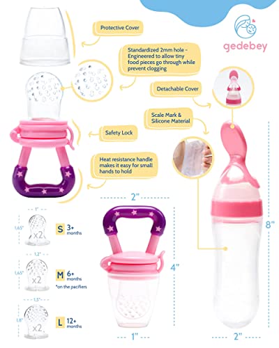 Gedebey Baby Fruit Feeder Pacifier - 3 Pack | 2 Silicone Baby Feeder Pacifiers & 1 Baby Food Spoon Dispenser | Frozen Fruit Teether | Forage Feeder | Food Pacifier for Babies | Baby Food Spoon (Pink) from Gedebey