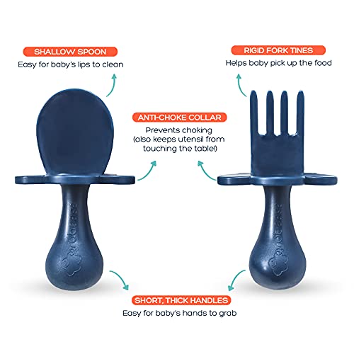 grabease First Self Feed Baby Utensils with a to-Go Case - Anti-Choke, BPA-Free Baby Spoon and Fork Toddler Utensils - Toddler Silverware for Baby Led Weaning Ages 6 Months+, Navy from Elli&Nooli