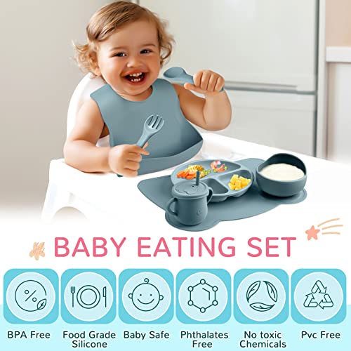 8 Pack Baby Feeding Eating Supplies Silicone Suction Divided Plate Baby Bibs Suction Bowl Silicone Placemat Silicone Spoon and Fork Silicone Cup with Straw Baby Tableware Set for Toddler (Dusty Blue) by Newtay