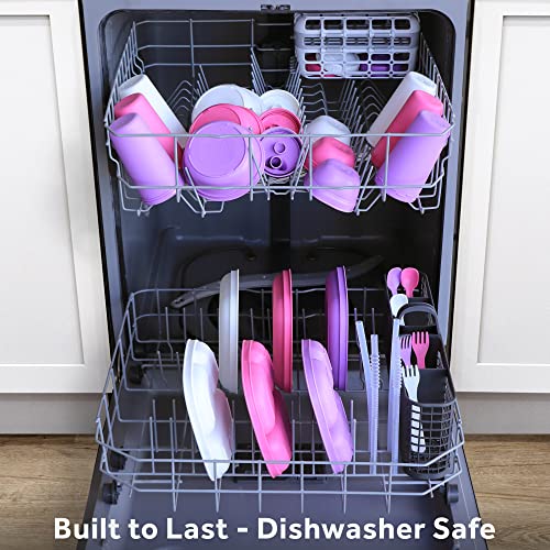 RE-PLAY Made in USA Toddler Feeding Divided Plates with Deep Sides and Three Compartments for Easy Self Feeding | BPA Free | Dishwasher Safe | Purple, White & Bright Pink | Berry (3pk) by Re-Think It Inc.