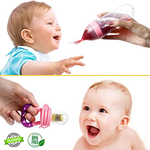 Gedebey Baby Fruit Feeder Pacifier - 3 Pack | 2 Silicone Baby Feeder Pacifiers & 1 Baby Food Spoon Dispenser | Frozen Fruit Teether | Forage Feeder | Food Pacifier for Babies | Baby Food Spoon (Pink) from Gedebey