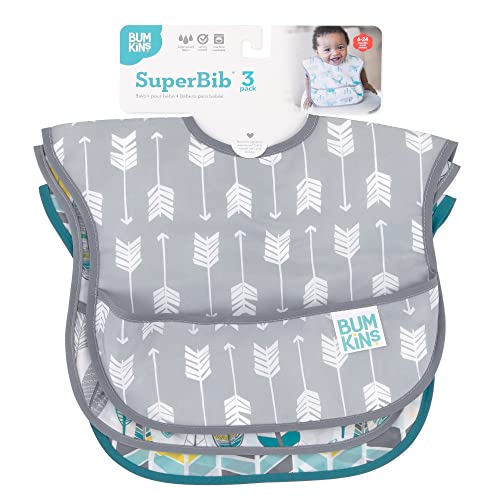 Bumkins SuperBib, Baby Bib, Waterproof, Washable Fabric, Fits Babies and Toddlers 6-24 Months - Feathers, Quill, Arrows (3-Pack) by Bumkins