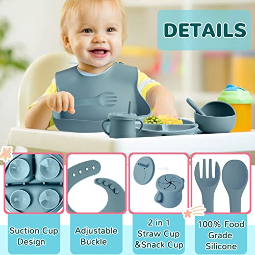 8 Pack Baby Feeding Eating Supplies Silicone Suction Divided Plate Baby Bibs Suction Bowl Silicone Placemat Silicone Spoon and Fork Silicone Cup with Straw Baby Tableware Set for Toddler (Dusty Blue) by Newtay