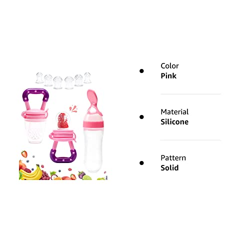 Gedebey Baby Fruit Feeder Pacifier - 3 Pack | 2 Silicone Baby Feeder Pacifiers & 1 Baby Food Spoon Dispenser | Frozen Fruit Teether | Forage Feeder | Food Pacifier for Babies | Baby Food Spoon (Pink) from Gedebey