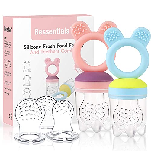 Baby Fruit Food Feeder Pacifier - 2 Packs Silicone Fresh Fruit Feeder BPA Free [S M L Size Silicone Food Pouches Included] (Blue&Pink) by Bessentials