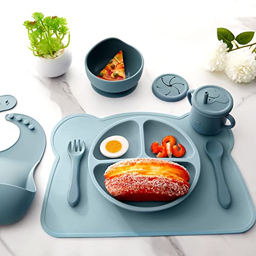 8 Pack Baby Feeding Eating Supplies Silicone Suction Divided Plate Baby Bibs Suction Bowl Silicone Placemat Silicone Spoon and Fork Silicone Cup with Straw Baby Tableware Set for Toddler (Dusty Blue) by Newtay
