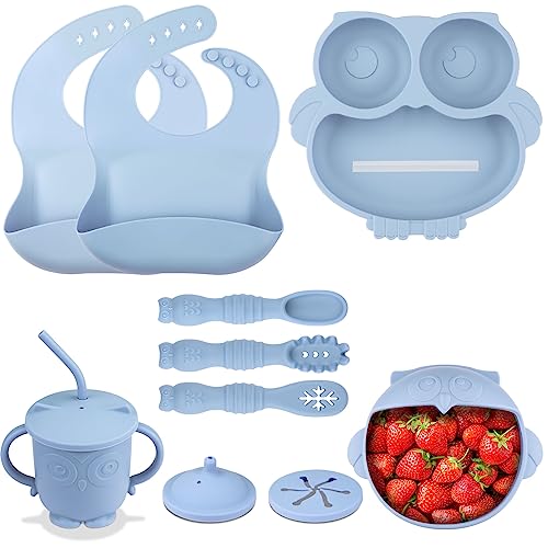 Silicone Baby Feeding Set Includes Adjustable Bib Suction Bowl and Plate, Baby Spoon and Fork, Sippy Cup with Straw and Lidï¼Blueï¼ by Dongguan SHY Silicone Product Co.,LTD