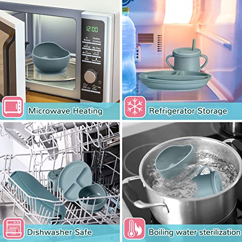 8 Pack Baby Feeding Eating Supplies Silicone Suction Divided Plate Baby Bibs Suction Bowl Silicone Placemat Silicone Spoon and Fork Silicone Cup with Straw Baby Tableware Set for Toddler (Dusty Blue) by Newtay