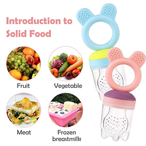 Baby Fruit Food Feeder Pacifier - 2 Packs Silicone Fresh Fruit Feeder BPA Free [S M L Size Silicone Food Pouches Included] (Blue&Pink) by Bessentials