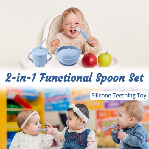 Silicone Baby Feeding Set Includes Adjustable Bib Suction Bowl and Plate, Baby Spoon and Fork, Sippy Cup with Straw and Lidï¼Blueï¼ by Dongguan SHY Silicone Product Co.,LTD