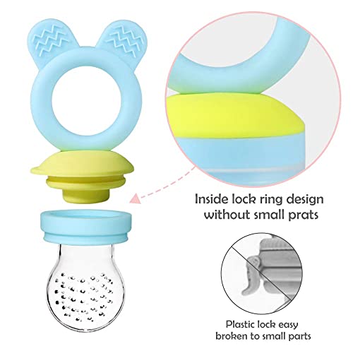 Baby Fruit Food Feeder Pacifier - 2 Packs Silicone Fresh Fruit Feeder BPA Free [S M L Size Silicone Food Pouches Included] (Blue&Pink) by Bessentials