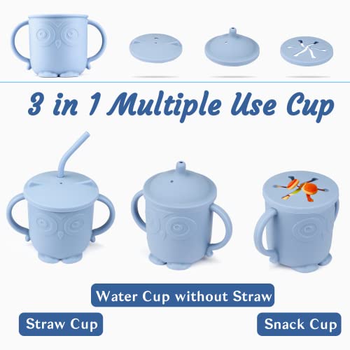 Silicone Baby Feeding Set Includes Adjustable Bib Suction Bowl and Plate, Baby Spoon and Fork, Sippy Cup with Straw and Lidï¼Blueï¼ by Dongguan SHY Silicone Product Co.,LTD