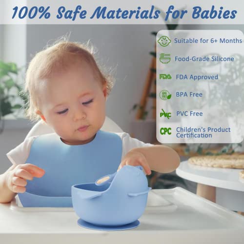 Silicone Baby Feeding Set Includes Adjustable Bib Suction Bowl and Plate, Baby Spoon and Fork, Sippy Cup with Straw and Lidï¼Blueï¼ by Dongguan SHY Silicone Product Co.,LTD