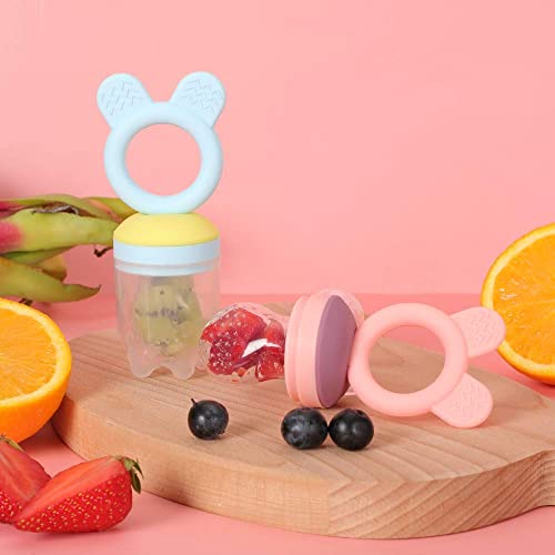 Baby Fruit Food Feeder Pacifier - 2 Packs Silicone Fresh Fruit Feeder BPA Free [S M L Size Silicone Food Pouches Included] (Blue&Pink) by Bessentials