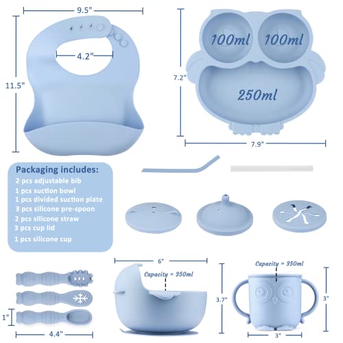 Silicone Baby Feeding Set Includes Adjustable Bib Suction Bowl and Plate, Baby Spoon and Fork, Sippy Cup with Straw and Lidï¼Blueï¼ by Dongguan SHY Silicone Product Co.,LTD