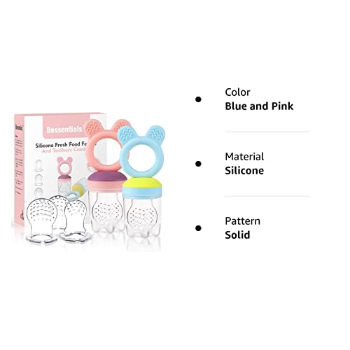 Baby Fruit Food Feeder Pacifier - 2 Packs Silicone Fresh Fruit Feeder BPA Free [S M L Size Silicone Food Pouches Included] (Blue&Pink) by Bessentials