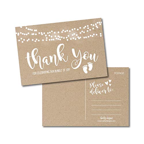25 Girl or Boy Rustic Baby Shower Thank You Note Card Bulk Set, Blank Cute Kraft Gender Reveal Neutral Sprinkle Postcards, No Envelope Needed For Party Gift Personalize Printable Cardstock Paper from Hadley Designs