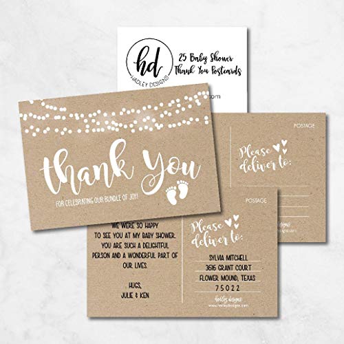 25 Girl or Boy Rustic Baby Shower Thank You Note Card Bulk Set, Blank Cute Kraft Gender Reveal Neutral Sprinkle Postcards, No Envelope Needed For Party Gift Personalize Printable Cardstock Paper from Hadley Designs
