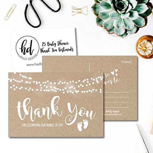 25 Girl or Boy Rustic Baby Shower Thank You Note Card Bulk Set, Blank Cute Kraft Gender Reveal Neutral Sprinkle Postcards, No Envelope Needed For Party Gift Personalize Printable Cardstock Paper from Hadley Designs