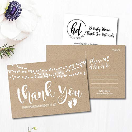 25 Girl or Boy Rustic Baby Shower Thank You Note Card Bulk Set, Blank Cute Kraft Gender Reveal Neutral Sprinkle Postcards, No Envelope Needed For Party Gift Personalize Printable Cardstock Paper from Hadley Designs
