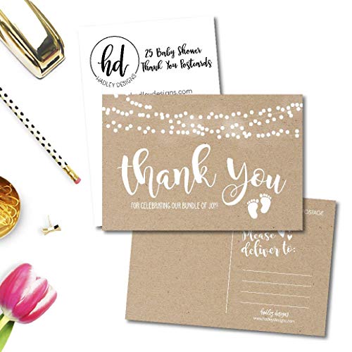 25 Girl or Boy Rustic Baby Shower Thank You Note Card Bulk Set, Blank Cute Kraft Gender Reveal Neutral Sprinkle Postcards, No Envelope Needed For Party Gift Personalize Printable Cardstock Paper from Hadley Designs