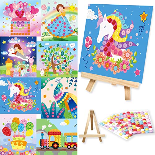 Mosaic Sticker Art Kit for Kids, Colorful Sticky Buttons DIY Handmade Art Kits,Make Your Buttons Art Craftsï¼for Ages 3-6 Children, Beginner, Boys and Girls-with 1wood Display Easel ï¼8pcsï¼ by AUNKZL