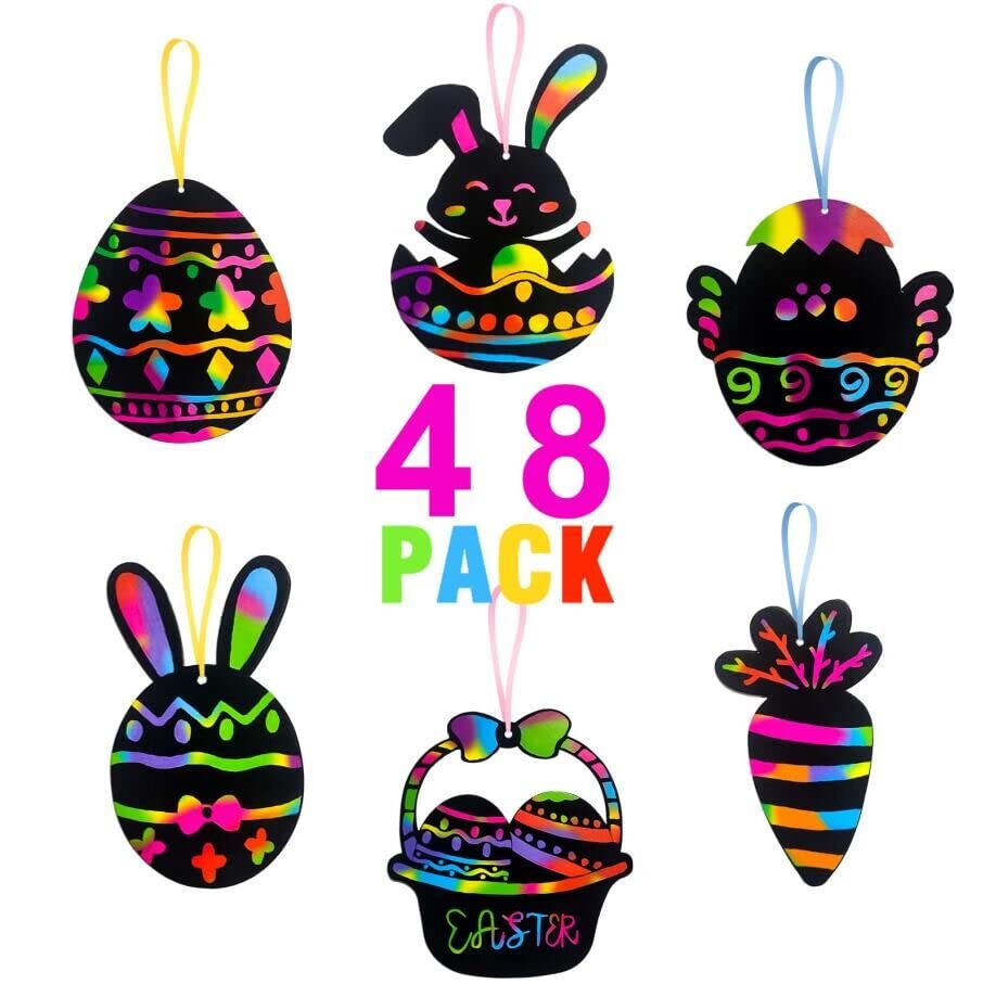 ORIENTAL CHERRY Easter Basket Stuffers - Easter Crafts Kit for Kids - Rainbow Scratch Art (Makes 48 Ornaments) - Bunny Eggs Chicken Decoration for Home Tree Classroom Party from ORIENTAL CHERRY