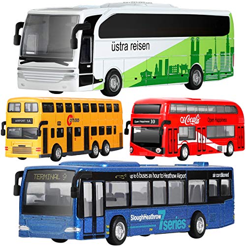 Geyiie Bus Toys Cars Set, Kids Die-Cast Metal Cars for Boy Girls 3-8 Years Old Pull Back Car City Bus 1:80 Scale Double Decker London Vehicles, Friction Powered Cars Play Toys Gift, 4 Pack from GEYIIE