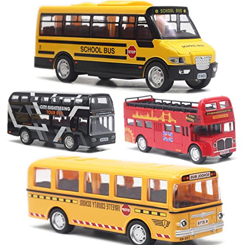 OTONOPI Bus Toys Die Cast Metal Toy Cars Pull Back School Bus Double Decker London Vehicles Friction Powered City Sightseeing Tour Bus Play Vehicle Toy Set for Kids 4 Pack from OTONOPI