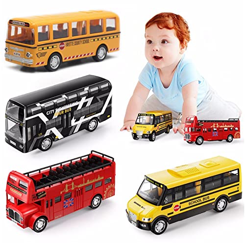 OTONOPI Bus Toys Die Cast Metal Toy Cars Pull Back School Bus Double Decker London Vehicles Friction Powered City Sightseeing Tour Bus Play Vehicle Toy Set for Kids 4 Pack from OTONOPI