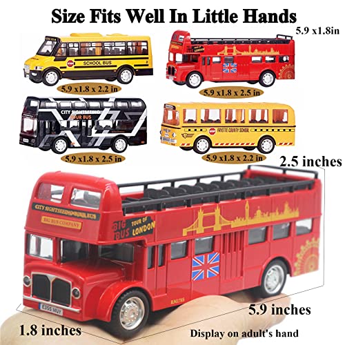 OTONOPI Bus Toys Die Cast Metal Toy Cars Pull Back School Bus Double Decker London Vehicles Friction Powered City Sightseeing Tour Bus Play Vehicle Toy Set for Kids 4 Pack from OTONOPI