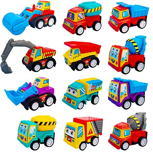 Tonmp Pull Back Vehicle Car, 12 Pack Assorted Mini Construction Plastic Vehicle Set, Pull Back Truck and Car Toys for Boys Kids Child Party Favors,Pull Back and Go Car Toy Play Set by Tonmp