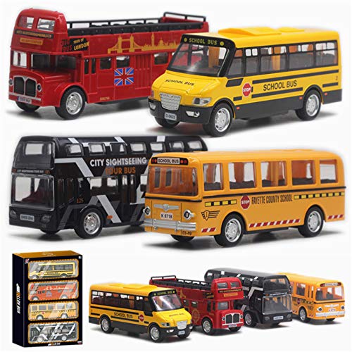 OTONOPI Bus Toys Die Cast Metal Toy Cars Pull Back School Bus Double Decker London Vehicles Friction Powered City Sightseeing Tour Bus Play Vehicle Toy Set for Kids 4 Pack from OTONOPI