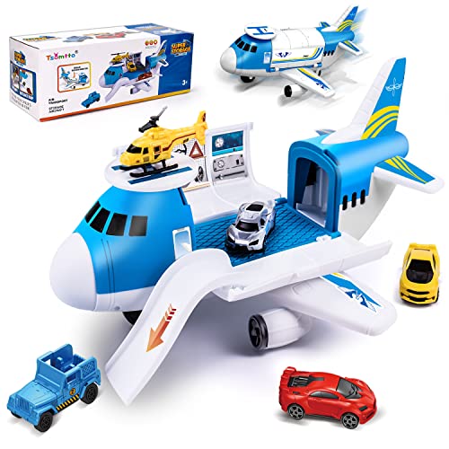 Airplane Toy with Car Toy Helicopter Set, Take Apart Toy for Play Set Boy Toddler Cargo Transport Airplane Gift Age 3 4 5 6 8 Years Old, 5 Mini Vehicles 1 Large Plane 1 Large Play Mat 21 Road Signs by TSOMTTO