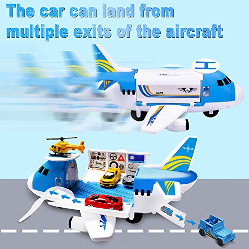Airplane Toy with Car Toy Helicopter Set, Take Apart Toy for Play Set Boy Toddler Cargo Transport Airplane Gift Age 3 4 5 6 8 Years Old, 5 Mini Vehicles 1 Large Plane 1 Large Play Mat 21 Road Signs by TSOMTTO