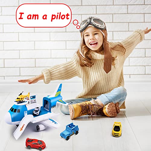 Airplane Toy with Car Toy Helicopter Set, Take Apart Toy for Play Set Boy Toddler Cargo Transport Airplane Gift Age 3 4 5 6 8 Years Old, 5 Mini Vehicles 1 Large Plane 1 Large Play Mat 21 Road Signs by TSOMTTO