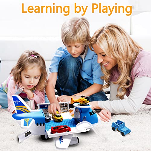 Airplane Toy with Car Toy Helicopter Set, Take Apart Toy for Play Set Boy Toddler Cargo Transport Airplane Gift Age 3 4 5 6 8 Years Old, 5 Mini Vehicles 1 Large Plane 1 Large Play Mat 21 Road Signs by TSOMTTO