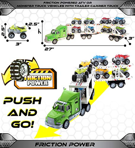 Mozlly Friction Powered ATV or Monster Truck Vehicles with Trailer Carrier Truck Playset, Superior Stunt Machine Cars Pretend Play Ideal Gift for Kids, Styles May Vary by Mozlly