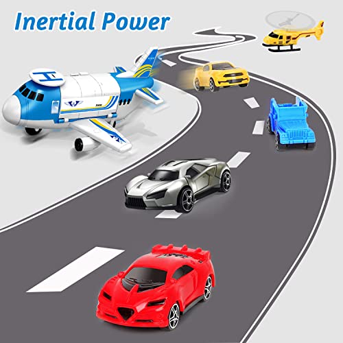 Airplane Toy with Car Toy Helicopter Set, Take Apart Toy for Play Set Boy Toddler Cargo Transport Airplane Gift Age 3 4 5 6 8 Years Old, 5 Mini Vehicles 1 Large Plane 1 Large Play Mat 21 Road Signs by TSOMTTO