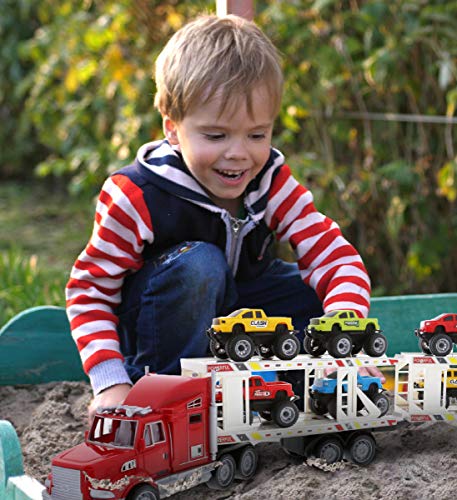 Mozlly Friction Powered ATV or Monster Truck Vehicles with Trailer Carrier Truck Playset, Superior Stunt Machine Cars Pretend Play Ideal Gift for Kids, Styles May Vary by Mozlly