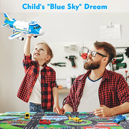 Airplane Toy with Car Toy Helicopter Set, Take Apart Toy for Play Set Boy Toddler Cargo Transport Airplane Gift Age 3 4 5 6 8 Years Old, 5 Mini Vehicles 1 Large Plane 1 Large Play Mat 21 Road Signs by TSOMTTO